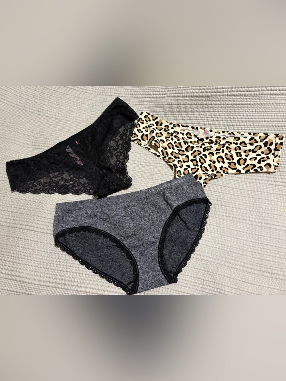 Victoria’s Secret Bikini Panty Pack - Black Lace, Leopard, and Charcoal